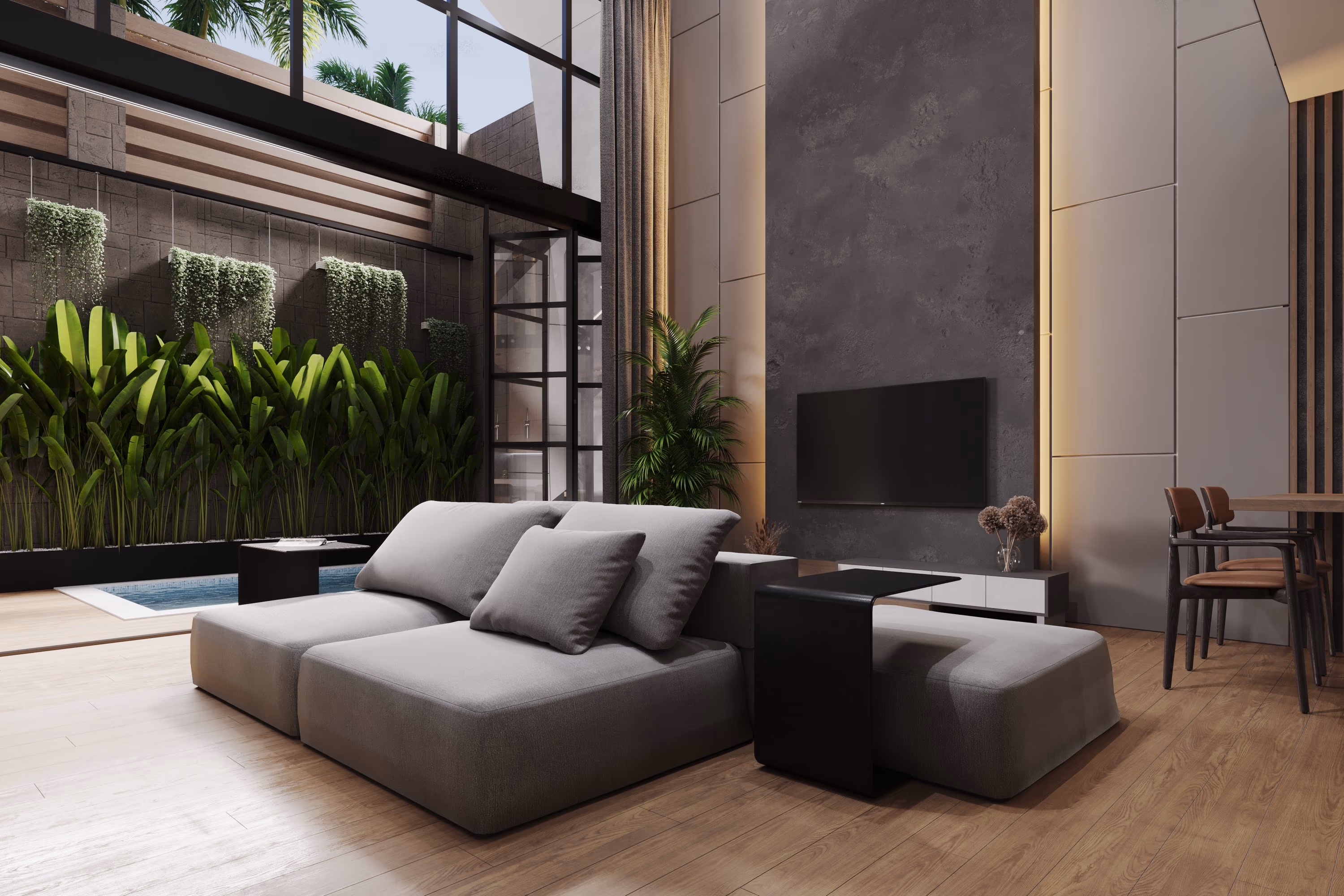 Loft living room opening to the pool