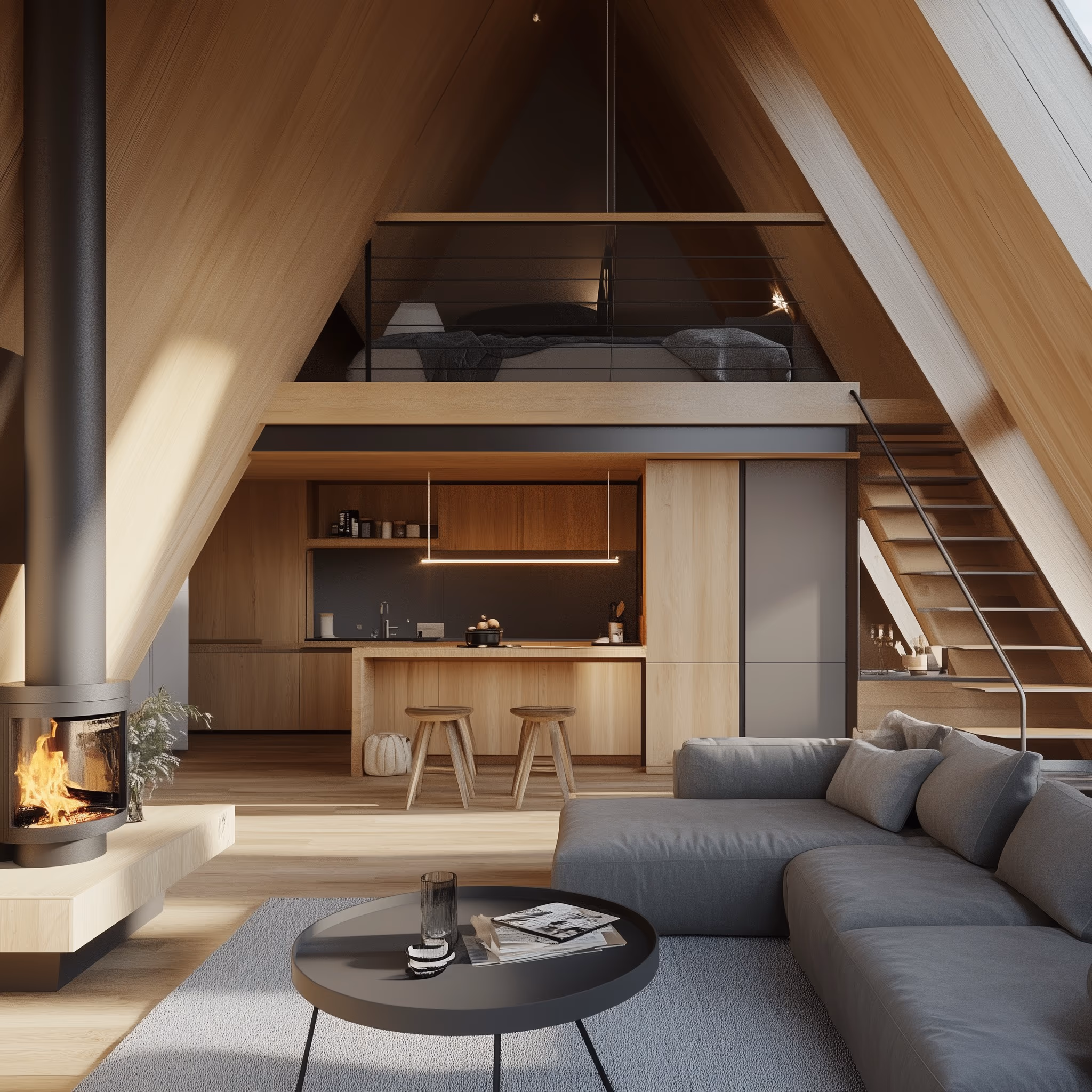 Render: villa interior with a fireplace