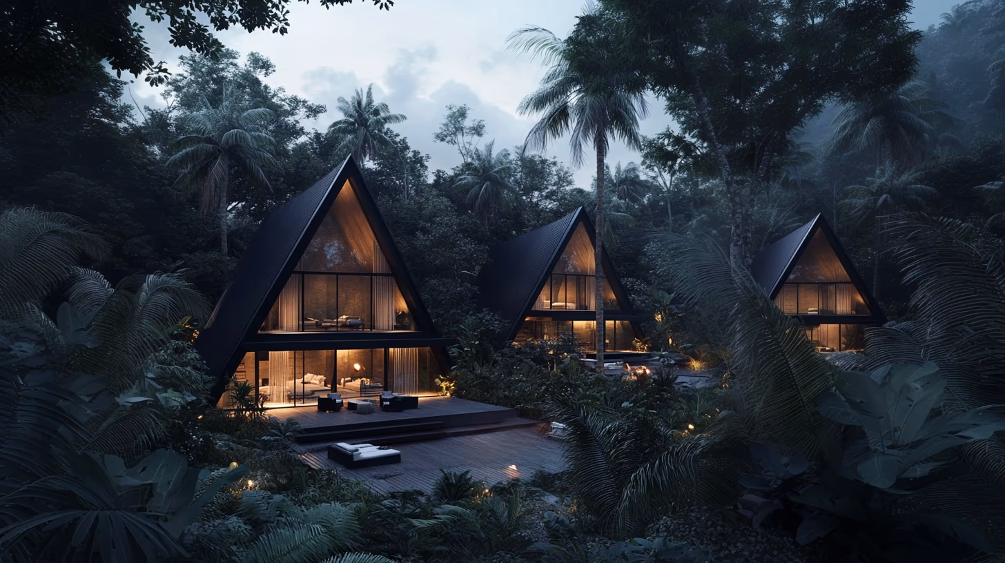 Render: a Nord Nest villa at night